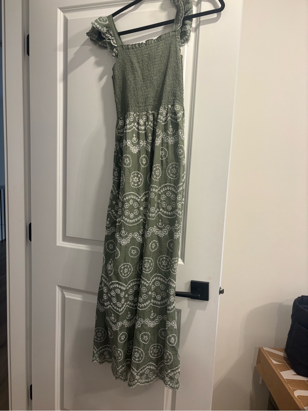 Smocked Olive Green Maxi Dress with White Lace Medallion Print